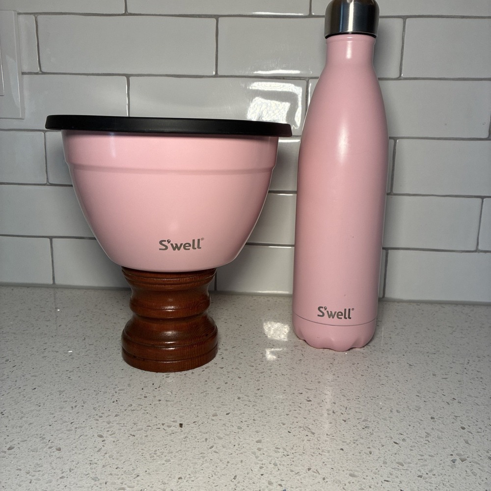 S'well Stainless Steel Salad Bowl Kit Pink Peony 8 Cups + 25 oz Bottle EUC